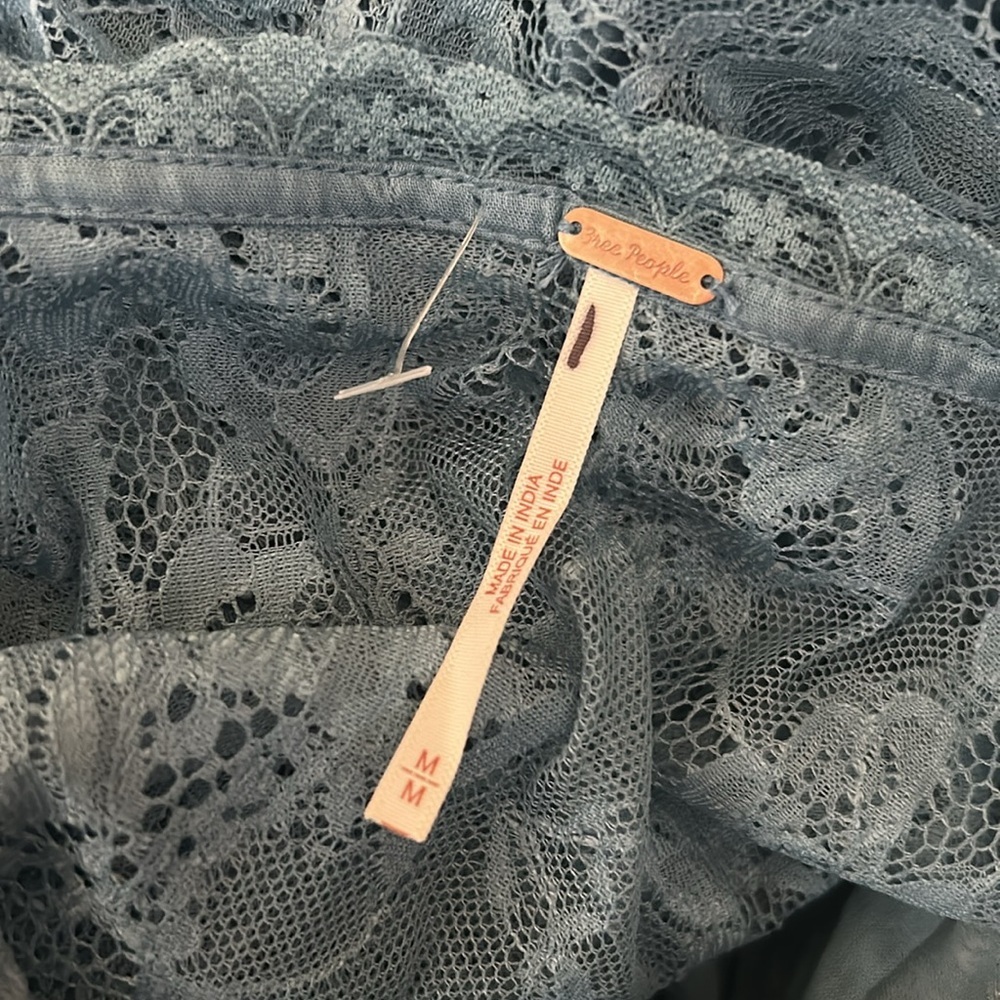 NWOT Free People Lala Lace Sheer Reversible V-Neck Mini Dress in Baby Denim Sz M - Picture 2 of 12